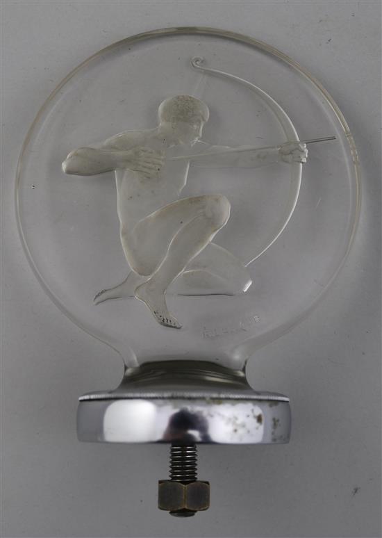 A René Lalique Archer pattern glass car mascot, overall height 12.5cm, diameter 10.3cm